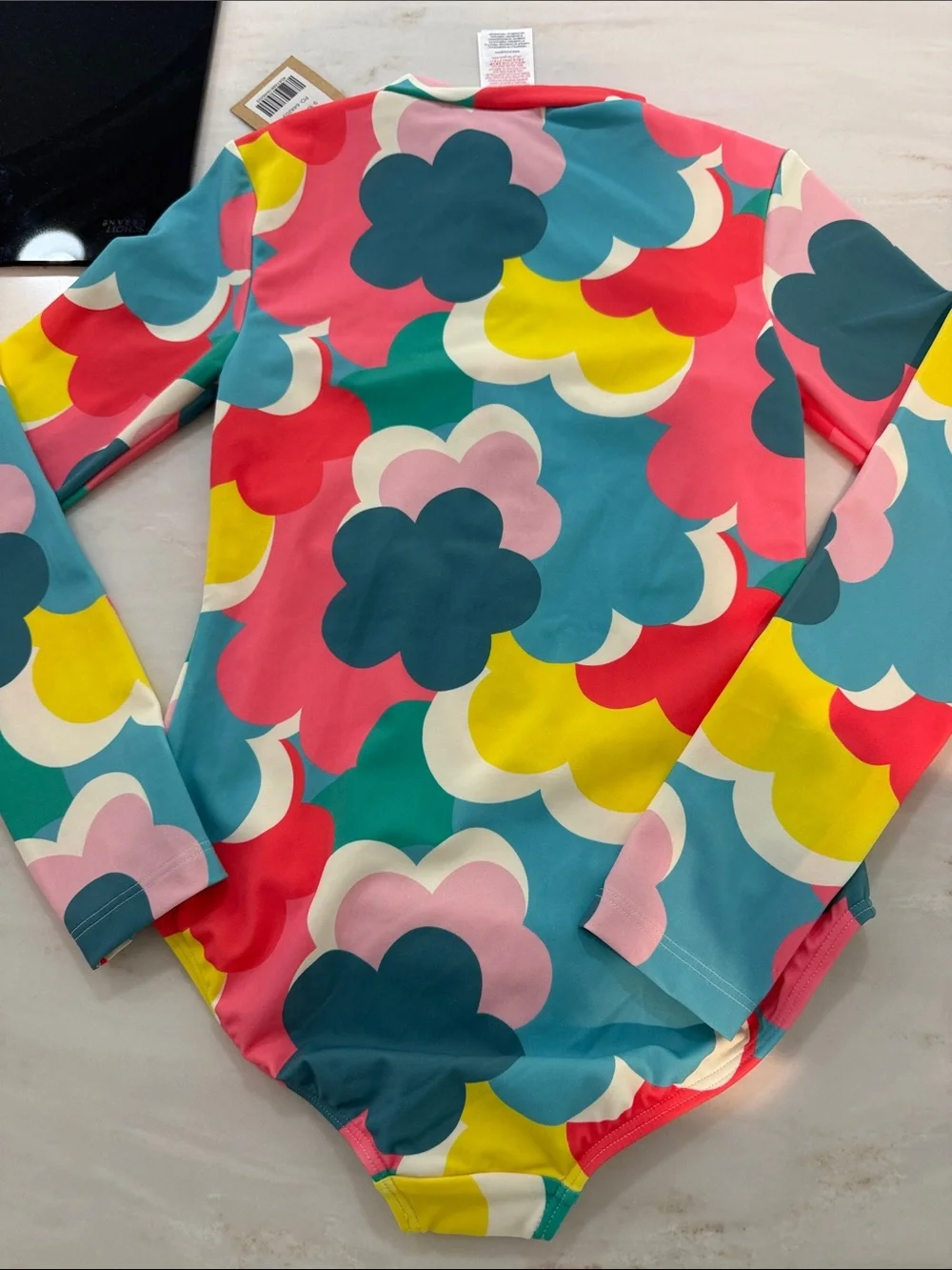 Boden Girls' Long Sleeve One-Piece Swimsuit in Multi Pink, Teal & Yellow